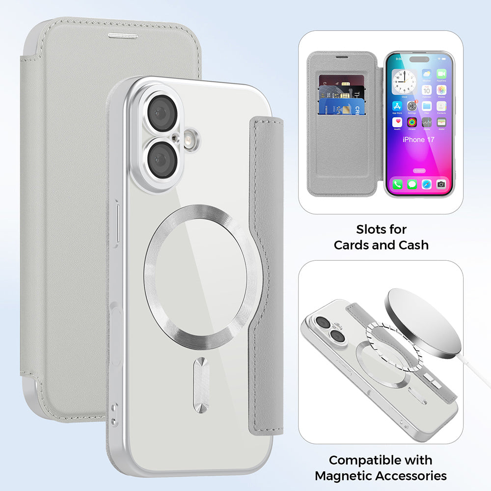 Étui MagSafe pour Apple iPhone 17, Techsuit, SmartMag Book, Gris