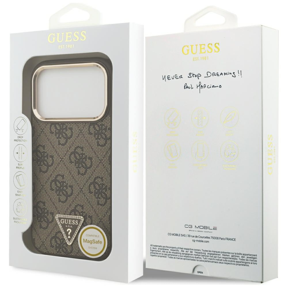 Coque MagSafe pour Apple iPhone 18 Pro / 17 Pro, Guess, Logo Triangle 4G, Marron
