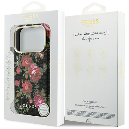 MagSafe-Hülle für Apple iPhone 18 Pro / 17 Pro, Guess, Blossom Roses Print, Schwarz