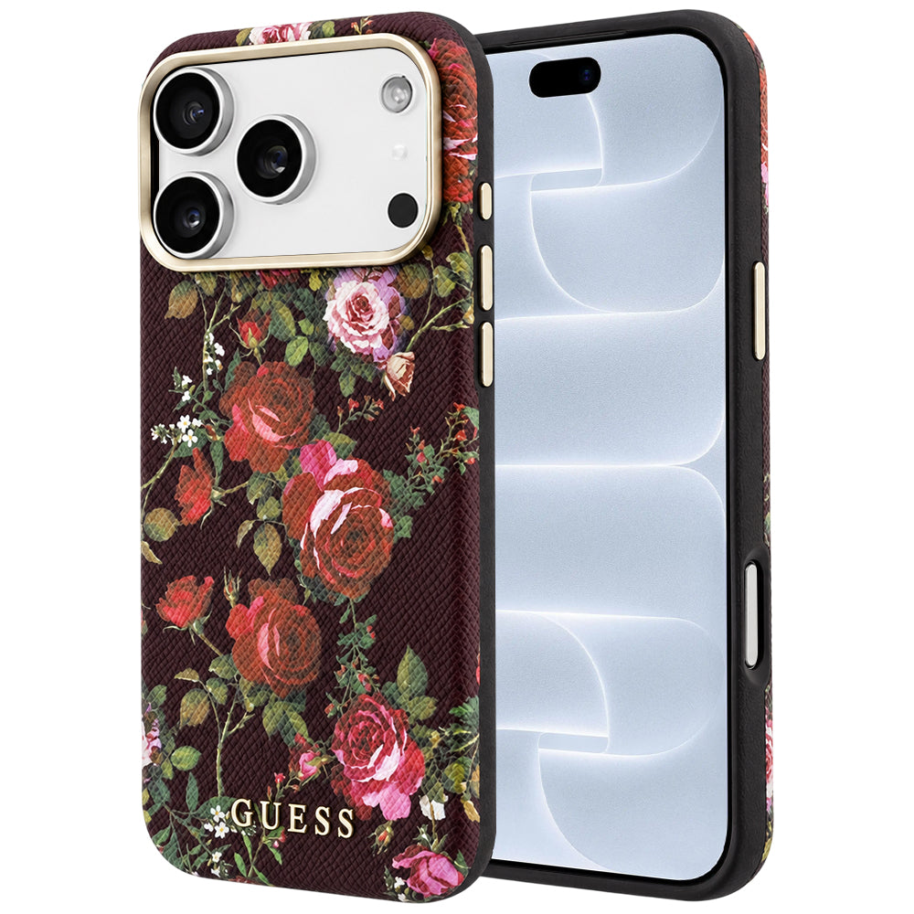 Coque MagSafe pour Apple iPhone 18 Pro / 17 Pro, Guess, Blossom Roses Print, bordeaux