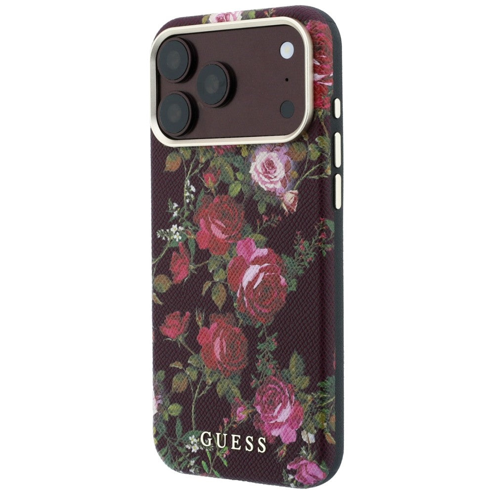 Coque MagSafe pour Apple iPhone 18 Pro / 17 Pro, Guess, Blossom Roses Print, bordeaux