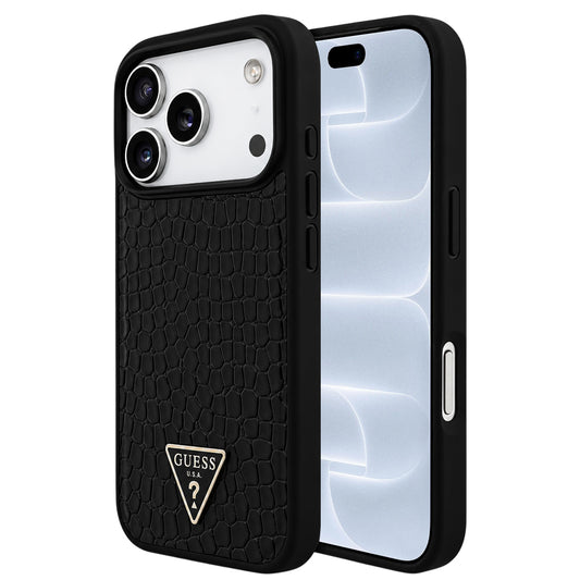 MagSafe-Hülle für Apple iPhone 18 Pro / 17 Pro, Guess, Croco Triangle Logo, Schwarz