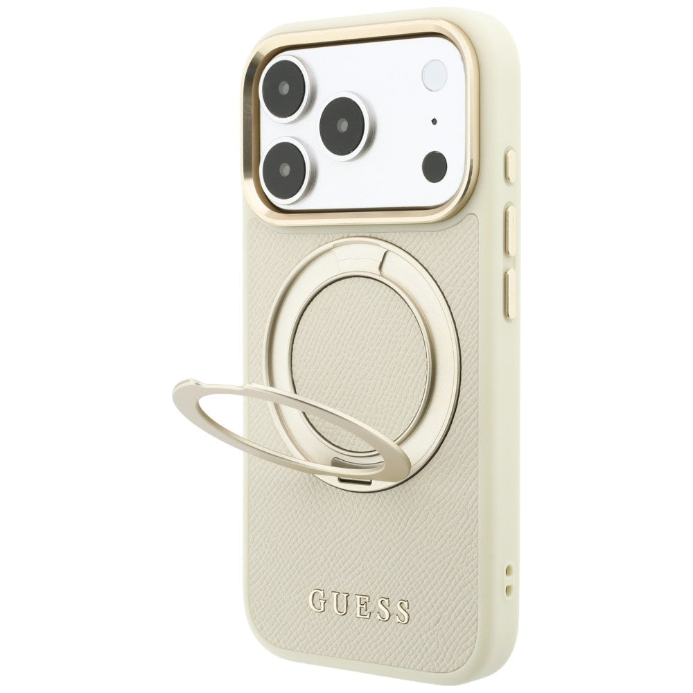 Coque MagSafe pour Apple iPhone 18 Pro / 17 Pro, Guess, Grained Ring Stand 360 Classic, beige
