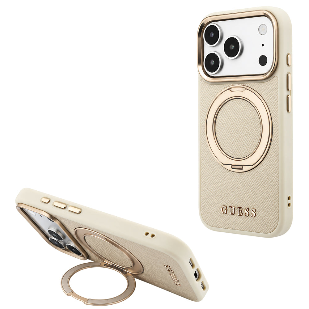 Coque MagSafe pour Apple iPhone 18 Pro / 17 Pro, Guess, Grained Ring Stand 360 Classic, beige