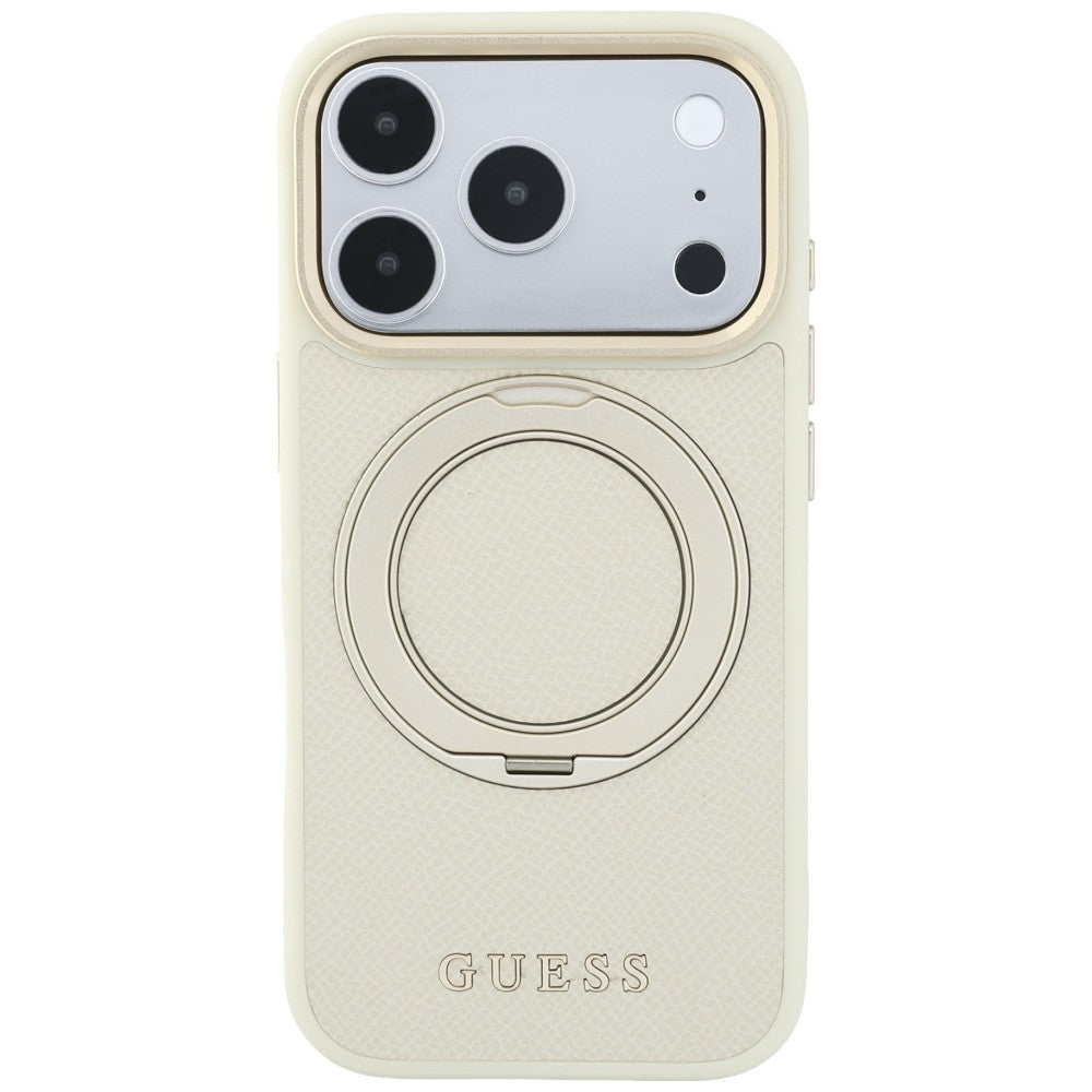 Coque MagSafe pour Apple iPhone 18 Pro / 17 Pro, Guess, Grained Ring Stand 360 Classic, beige