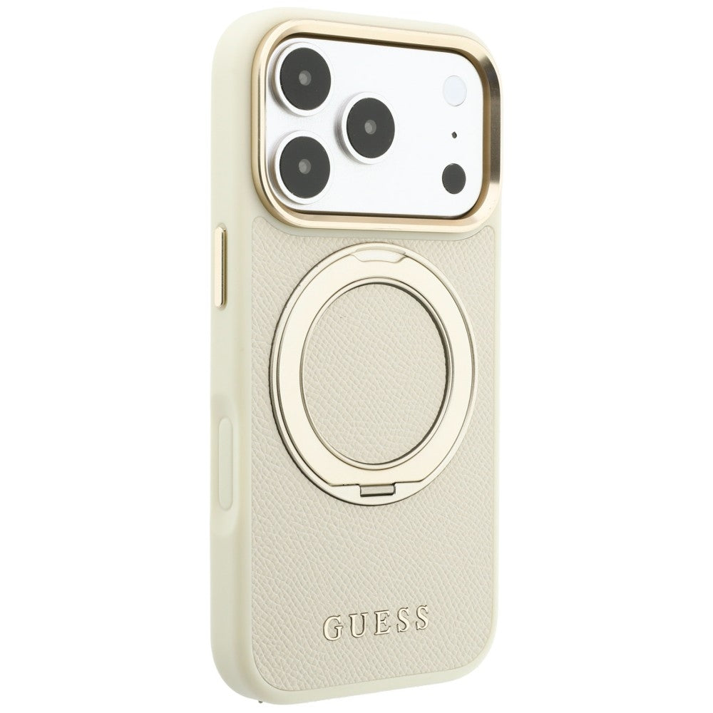Coque MagSafe pour Apple iPhone 18 Pro / 17 Pro, Guess, Grained Ring Stand 360 Classic, beige