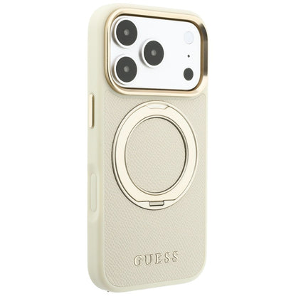 Coque MagSafe pour Apple iPhone 18 Pro / 17 Pro, Guess, Grained Ring Stand 360 Classic, beige