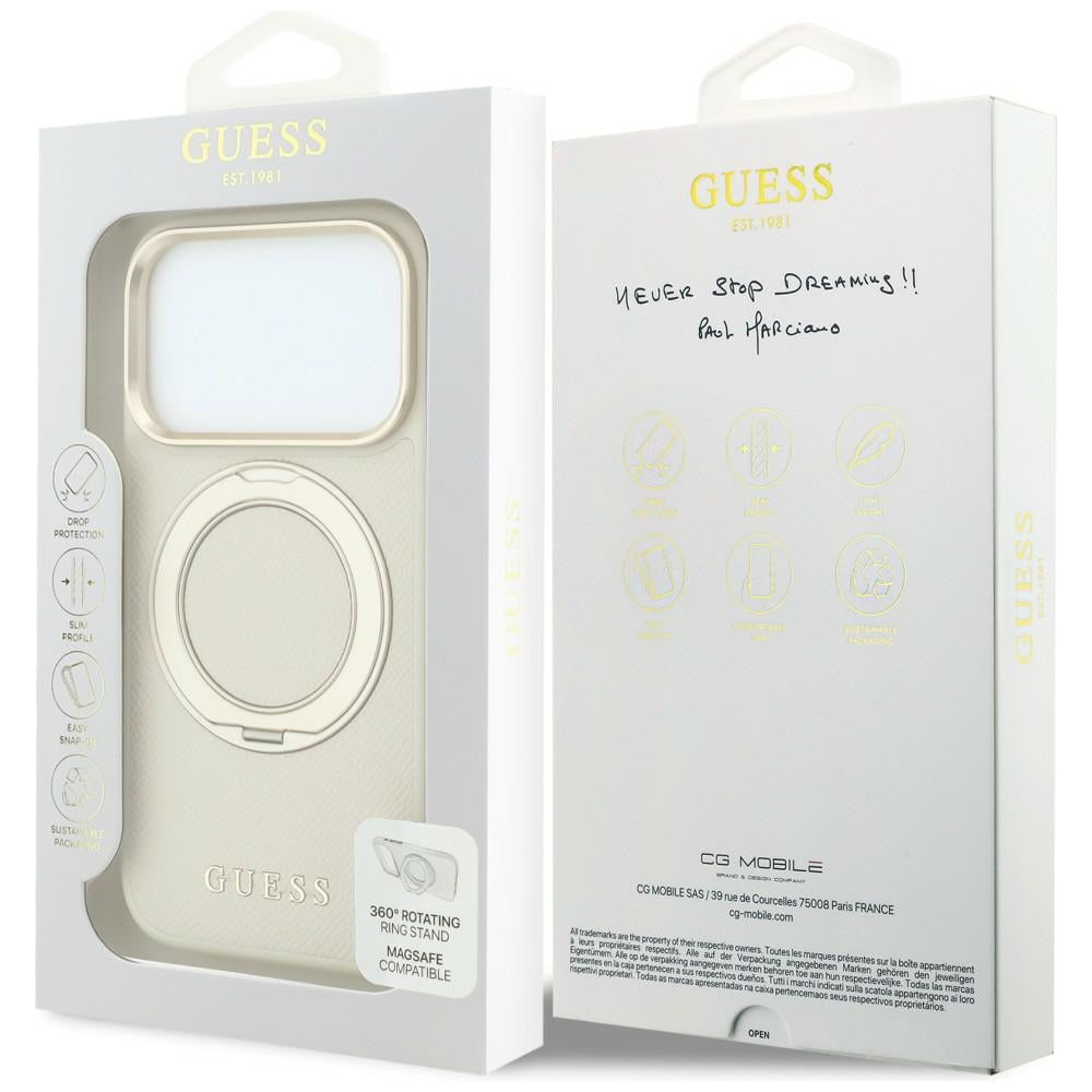 Coque MagSafe pour Apple iPhone 18 Pro / 17 Pro, Guess, Grained Ring Stand 360 Classic, beige