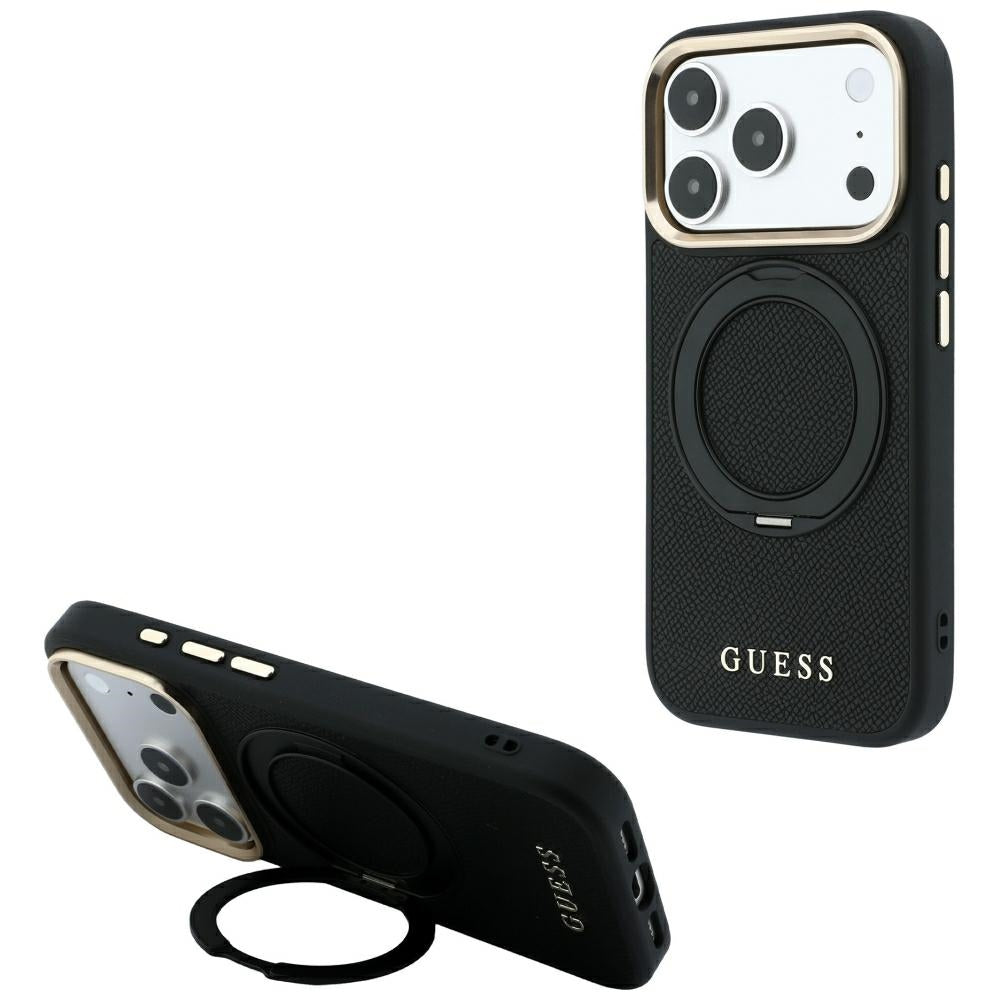 Coque MagSafe pour Apple iPhone 18 Pro / 17 Pro, Guess, Grained Ring Stand 360 Classic, noire