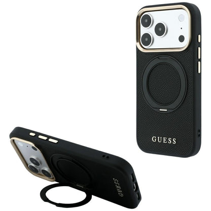 Coque MagSafe pour Apple iPhone 18 Pro / 17 Pro, Guess, Grained Ring Stand 360 Classic, noire