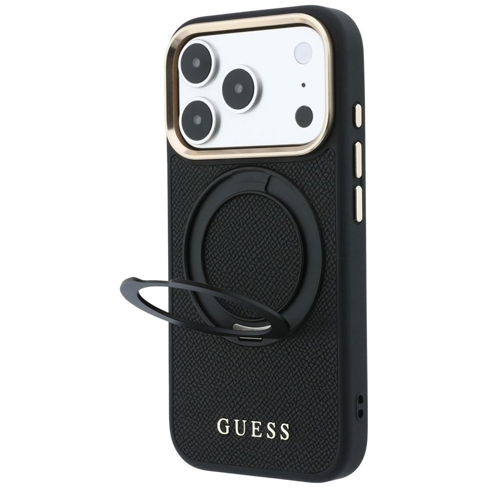 Coque MagSafe pour Apple iPhone 18 Pro / 17 Pro, Guess, Grained Ring Stand 360 Classic, noire