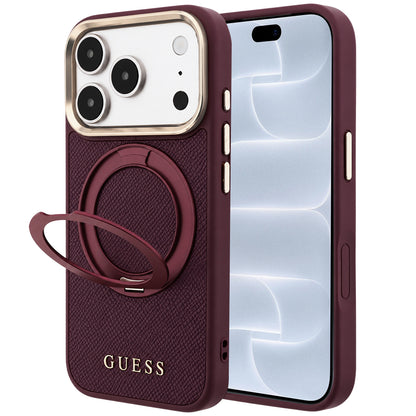 Coque MagSafe pour Apple iPhone 18 Pro / 17 Pro, Guess, Grained Ring Stand 360 Classic, bordeaux