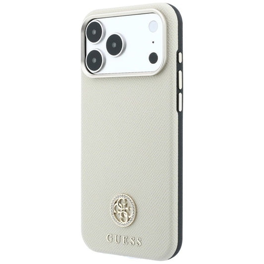 MagSafe-Hülle für Apple iPhone 18 Pro / 17 Pro, Guess, genarbtes rundes Strass-Logo, Beige