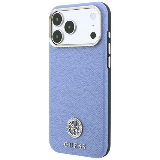 MagSafe-Hülle für Apple iPhone 18 Pro / 17 Pro, Guess, genarbtes rundes Strass-Logo, Blau