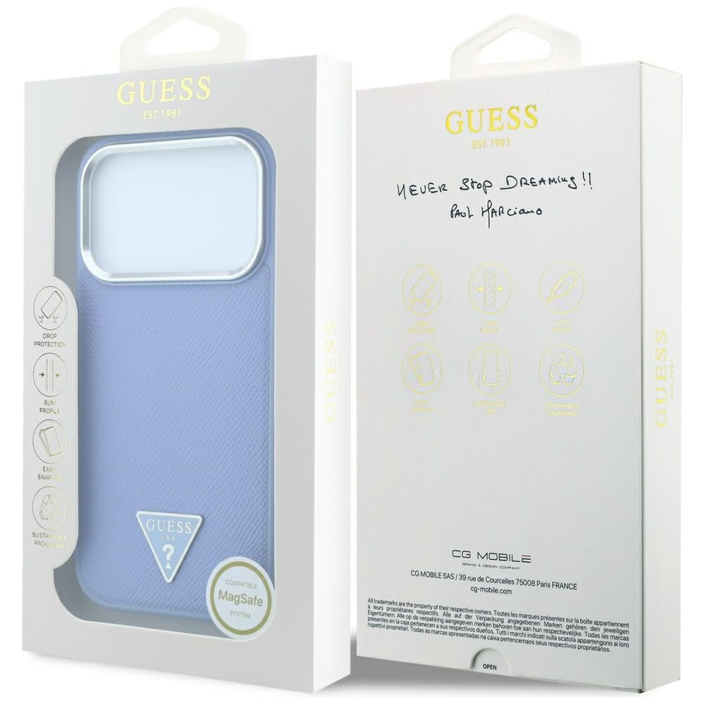 Coque MagSafe pour Apple iPhone 18 Pro / 17 Pro, Guess, Logo Triangle Grainé, Bleu
