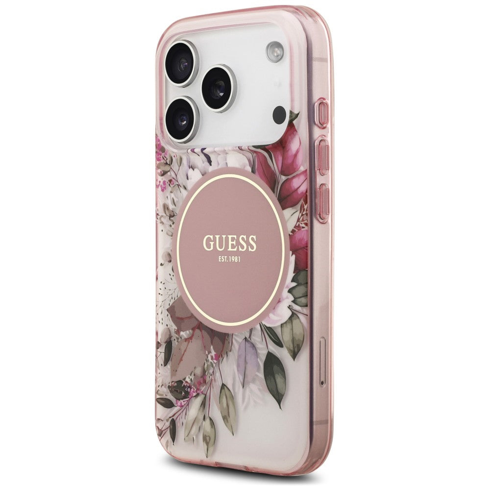 Coque MagSafe pour Apple iPhone 18 Pro / 17 Pro, Guess, IML Flower & Tonal Circle, rose
