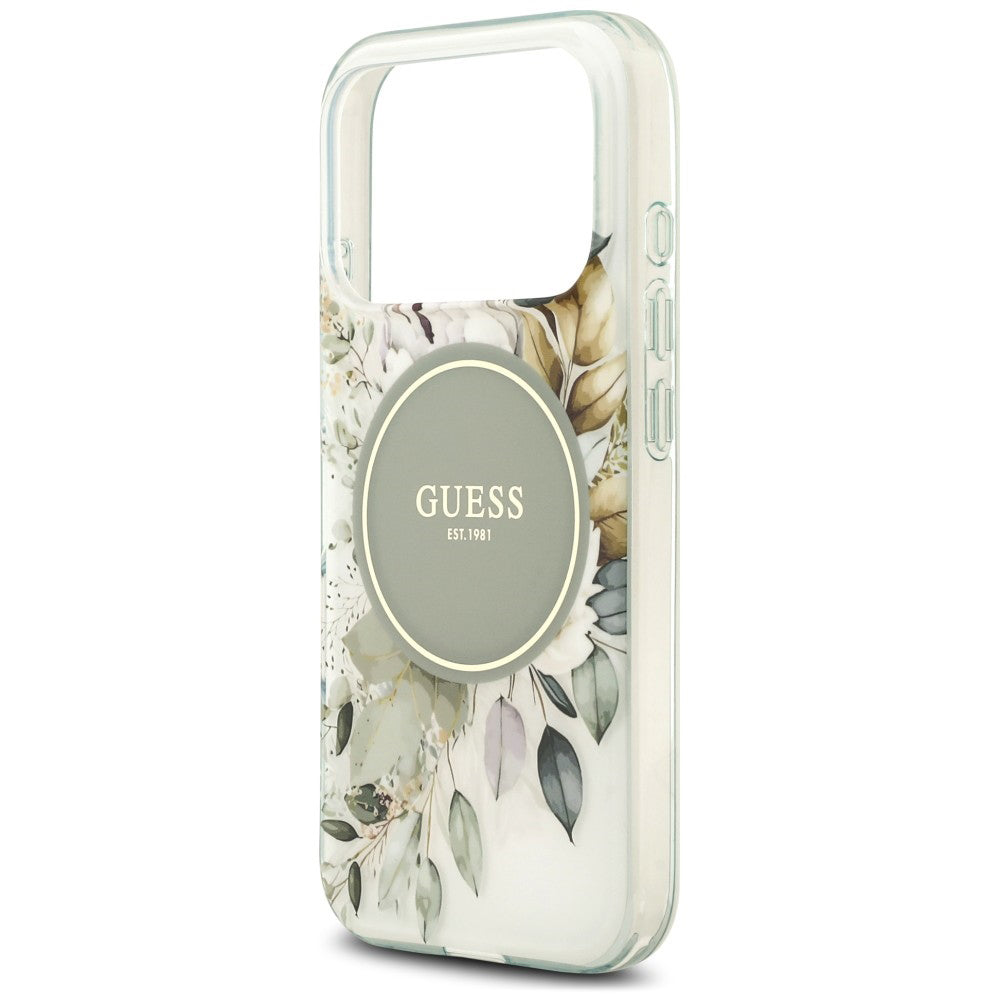 Coque MagSafe pour Apple iPhone 18 Pro / 17 Pro, Guess, IML Flower & Tonal Circle, verte