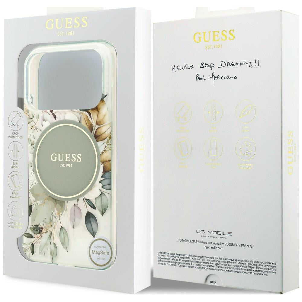 Coque MagSafe pour Apple iPhone 18 Pro / 17 Pro, Guess, IML Flower & Tonal Circle, verte