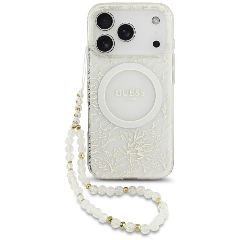 MagSafe-Hülle für Apple iPhone 18 Pro / 17 Pro, Guess, IML Flowers galvanisiert mit Perlenriemen, Weiß