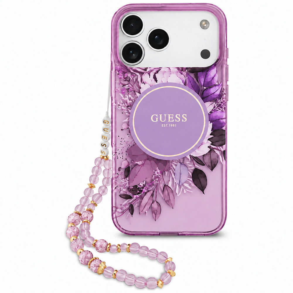 Coque MagSafe pour Apple iPhone 18 Pro / 17 Pro, Guess, IML Flowers with Pearl Strap, violette