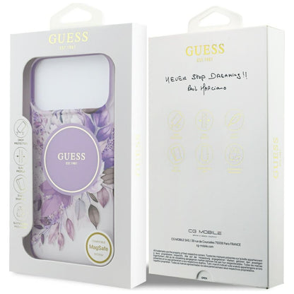 Coque MagSafe pour Apple iPhone 18 Pro / 17 Pro, Guess, IML Flowers with Pearl Strap, violette
