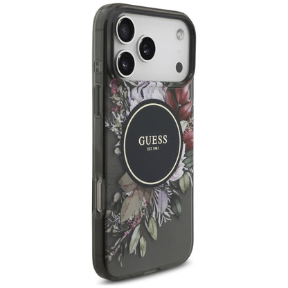 Coque MagSafe pour Apple iPhone 18 Pro / 17 Pro, Guess, IML Flowers with Pearl Strap, noire