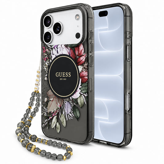 Coque MagSafe pour Apple iPhone 18 Pro / 17 Pro, Guess, IML Flowers with Pearl Strap, noire