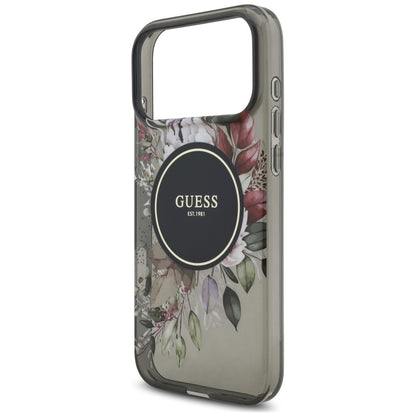 Coque MagSafe pour Apple iPhone 18 Pro / 17 Pro, Guess, IML Flowers with Pearl Strap, noire