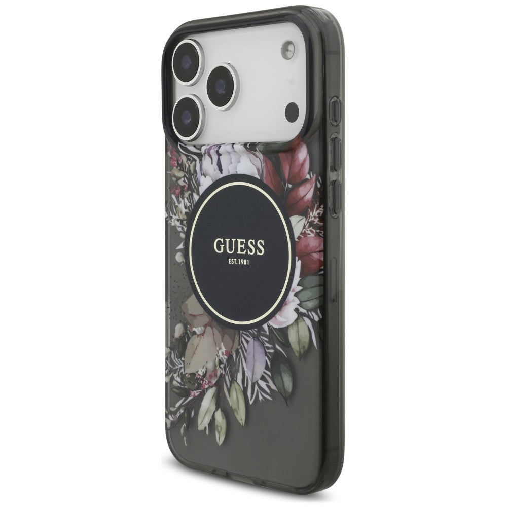 Coque MagSafe pour Apple iPhone 18 Pro / 17 Pro, Guess, IML Flowers with Pearl Strap, noire