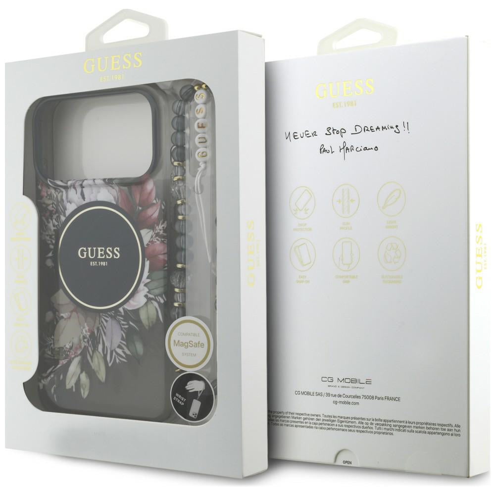 Coque MagSafe pour Apple iPhone 18 Pro / 17 Pro, Guess, IML Flowers with Pearl Strap, noire