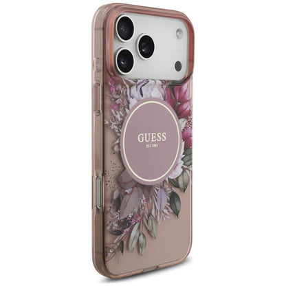 Coque MagSafe pour Apple iPhone 18 Pro / 17 Pro, Guess, IML Flowers with Pearl Strap, rose
