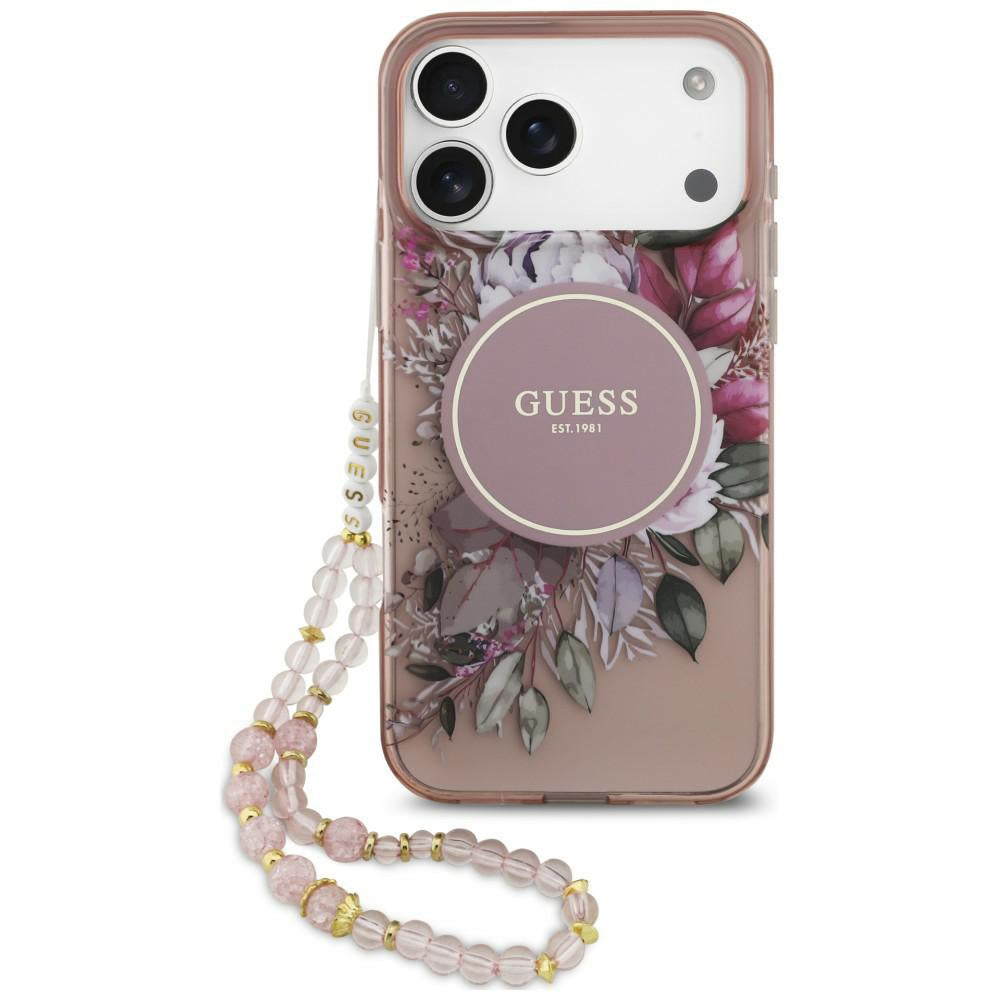 Coque MagSafe pour Apple iPhone 18 Pro / 17 Pro, Guess, IML Flowers with Pearl Strap, rose