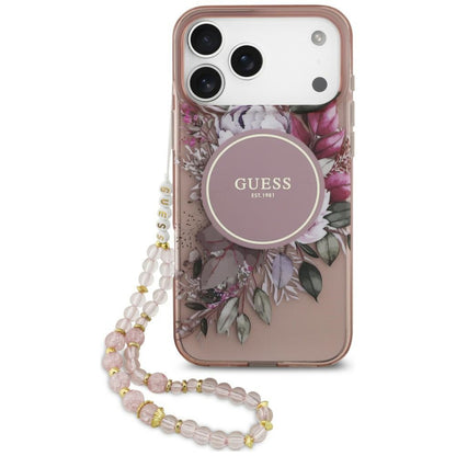 Coque MagSafe pour Apple iPhone 18 Pro / 17 Pro, Guess, IML Flowers with Pearl Strap, rose