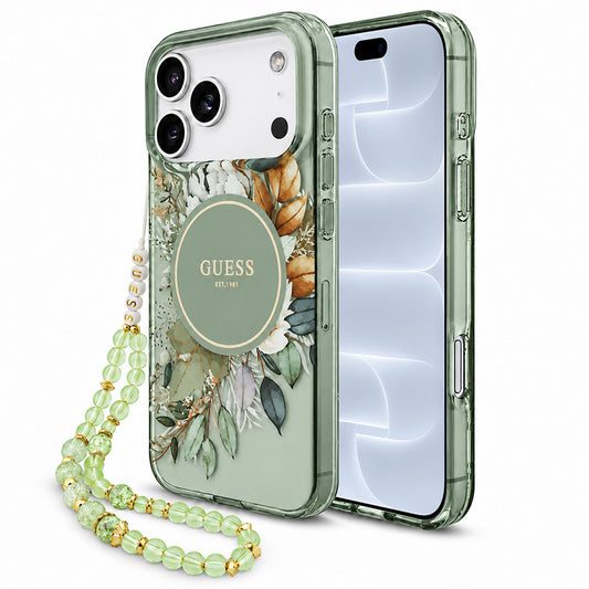 Coque MagSafe pour Apple iPhone 18 Pro / 17 Pro, Guess, IML Flowers avec dragonne en perles, verte