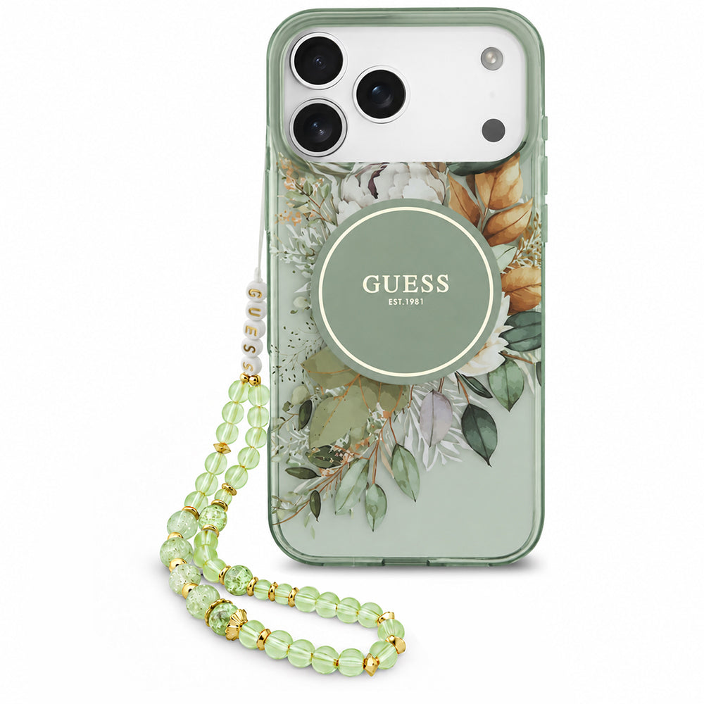Coque MagSafe pour Apple iPhone 18 Pro / 17 Pro, Guess, IML Flowers avec dragonne en perles, verte