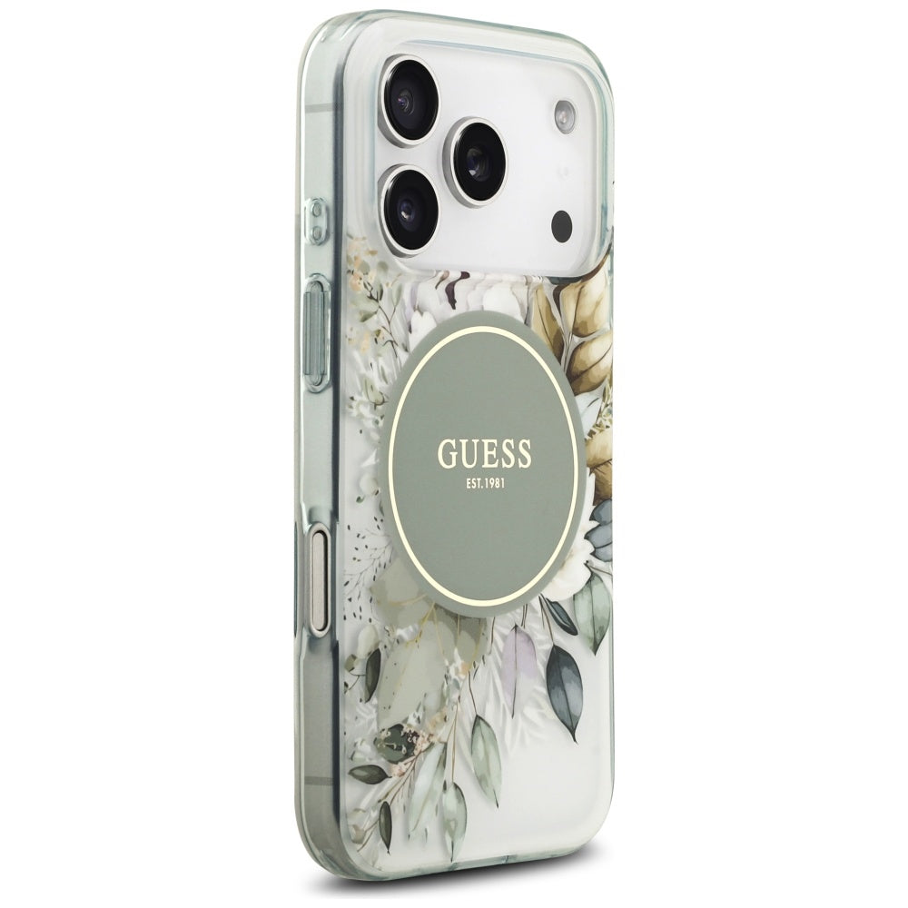 Coque MagSafe pour Apple iPhone 18 Pro / 17 Pro, Guess, IML Flowers avec dragonne en perles, verte