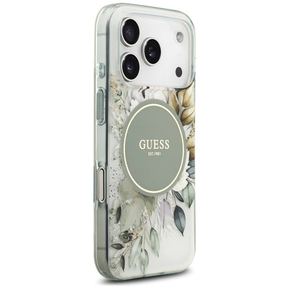 Coque MagSafe pour Apple iPhone 18 Pro / 17 Pro, Guess, IML Flowers avec dragonne en perles, verte