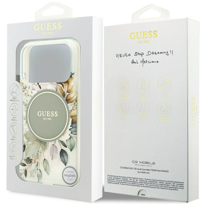 Coque MagSafe pour Apple iPhone 18 Pro / 17 Pro, Guess, IML Flowers avec dragonne en perles, verte