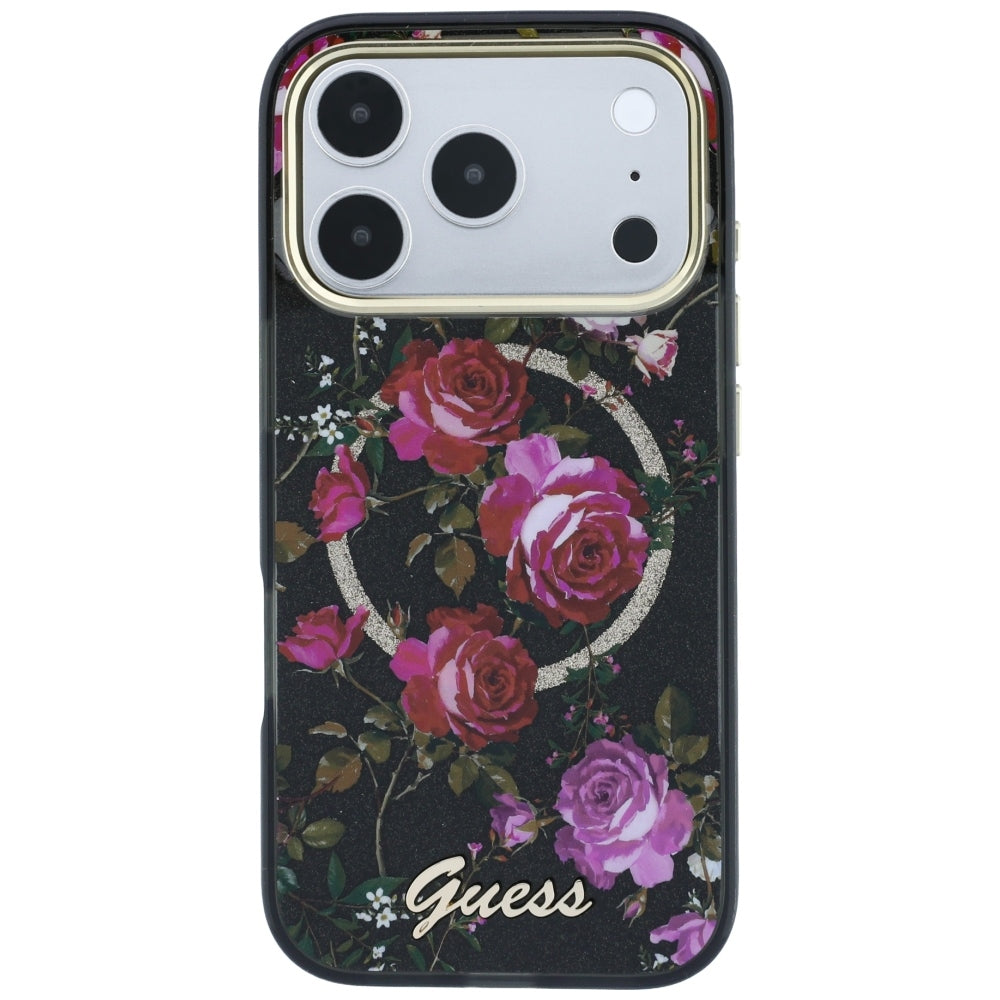 MagSafe Case for Apple iPhone 18 Pro / 17 Pro, Guess, IML Glitter Blossom Roses, Black