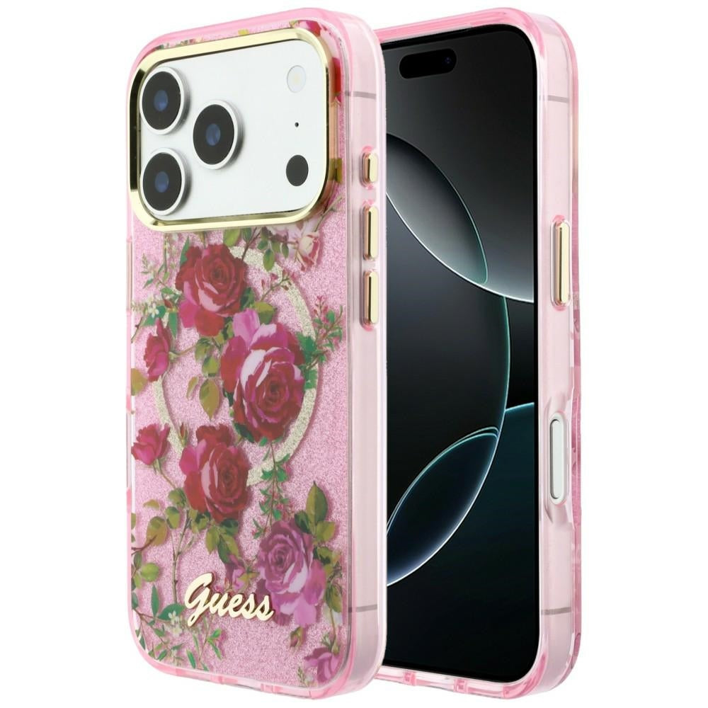 MagSafe-Hülle für Apple iPhone 18 Pro / 17 Pro, Guess, IML Glitter Blossom Roses, Rosa