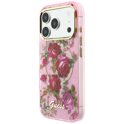 MagSafe-Hülle für Apple iPhone 18 Pro / 17 Pro, Guess, IML Glitter Blossom Roses, Rosa