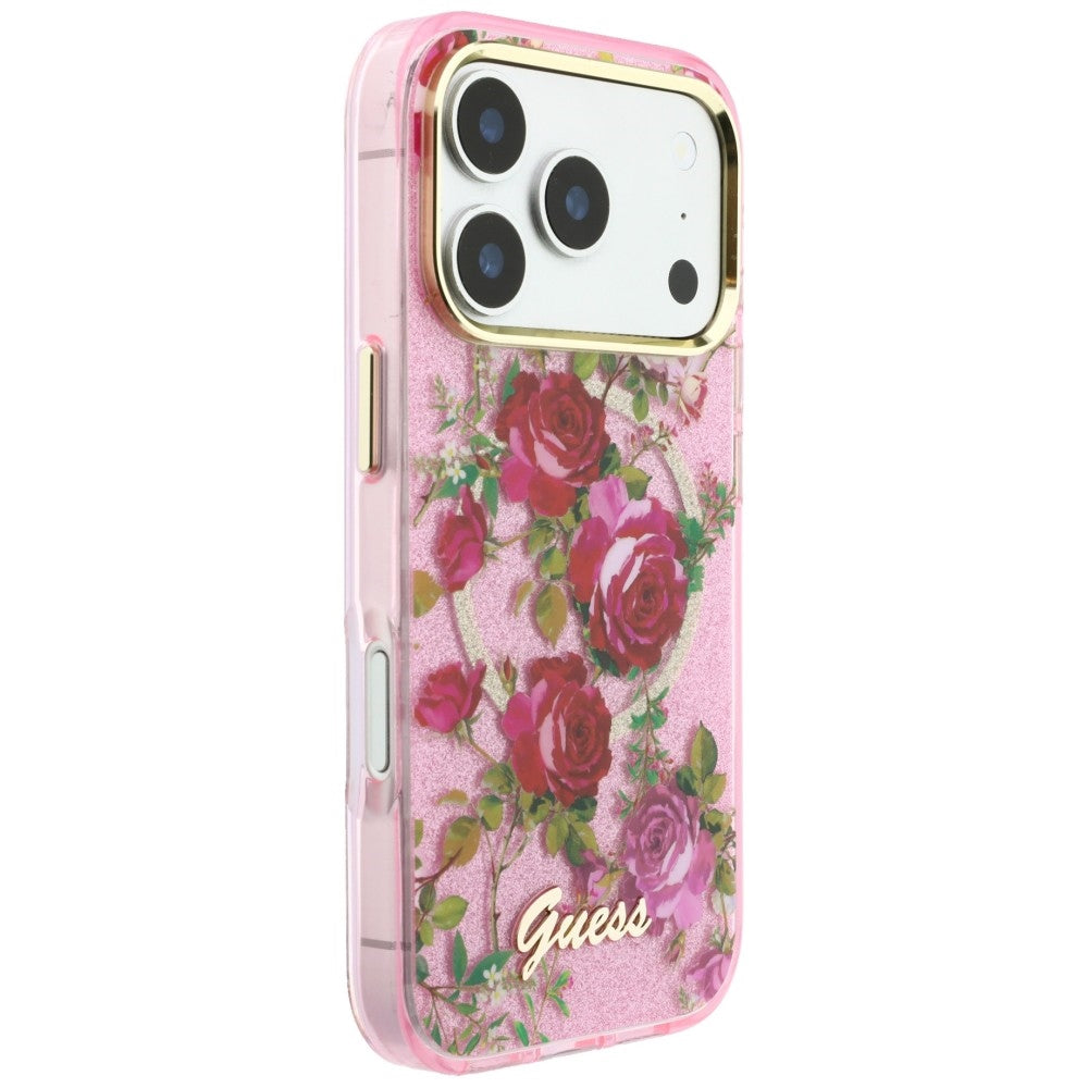MagSafe-Hülle für Apple iPhone 18 Pro / 17 Pro, Guess, IML Glitter Blossom Roses, Rosa