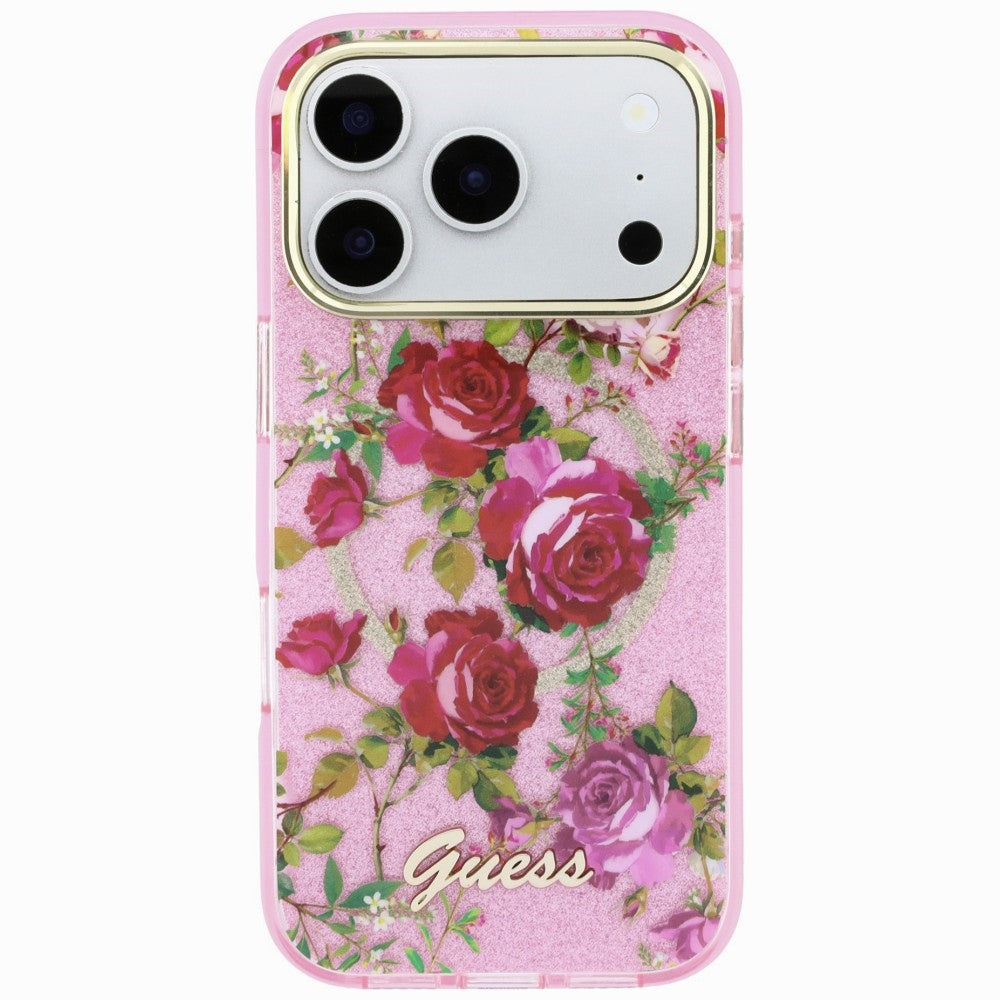 MagSafe-Hülle für Apple iPhone 18 Pro / 17 Pro, Guess, IML Glitter Blossom Roses, Rosa
