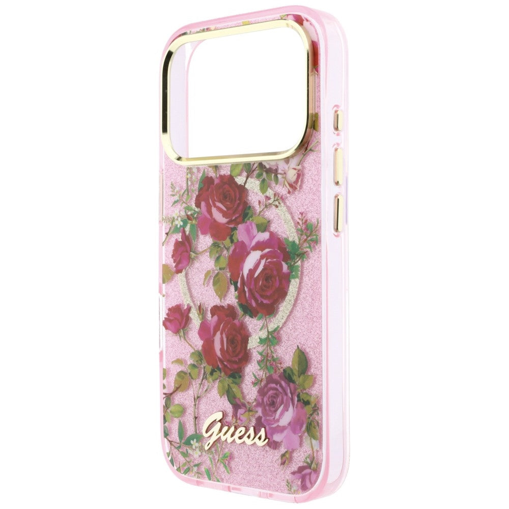 MagSafe-Hülle für Apple iPhone 18 Pro / 17 Pro, Guess, IML Glitter Blossom Roses, Rosa