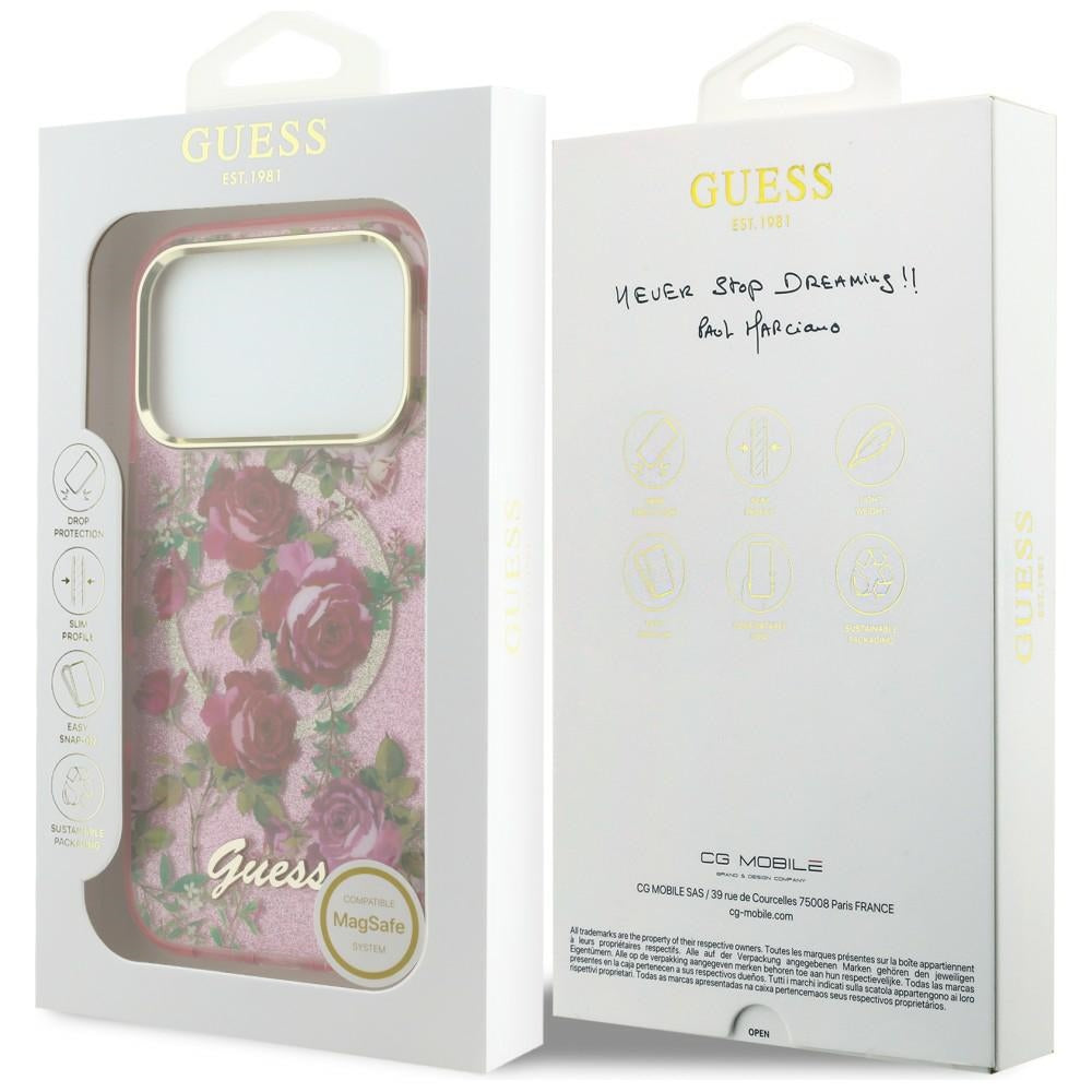 MagSafe-Hülle für Apple iPhone 18 Pro / 17 Pro, Guess, IML Glitter Blossom Roses, Rosa