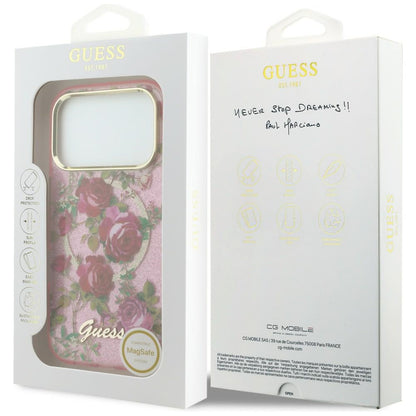 MagSafe-Hülle für Apple iPhone 18 Pro / 17 Pro, Guess, IML Glitter Blossom Roses, Rosa