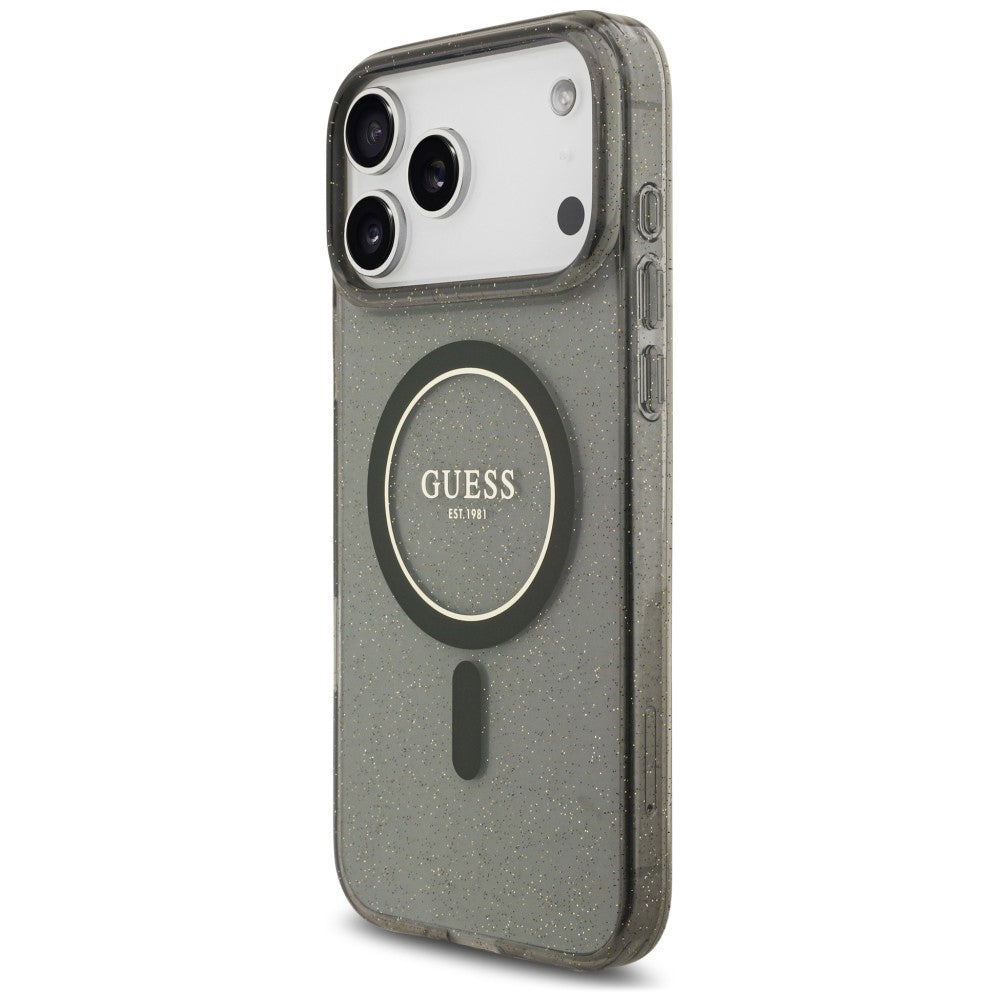 Coque MagSafe pour Apple iPhone 18 Pro / 17 Pro, Guess, IML Glitter with Pearl Strap, noire