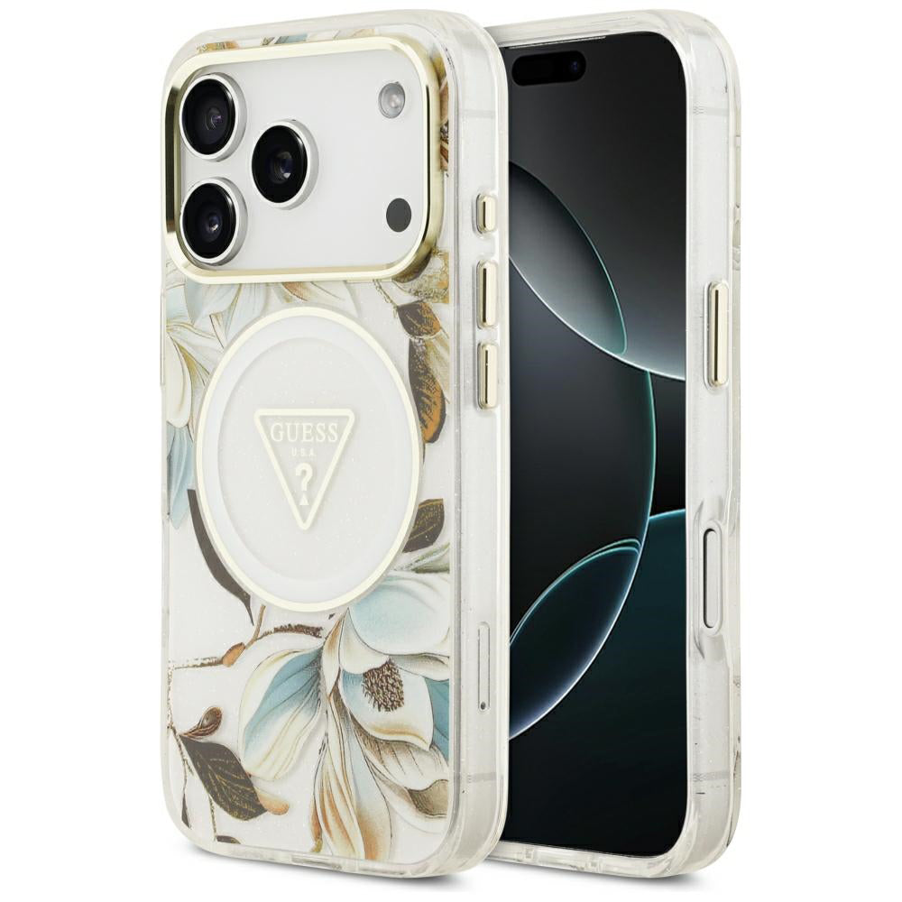 MagSafe-Hülle für Apple iPhone 18 Pro / 17 Pro, Guess, IML Metal Glitter Flowers Triangle, Weiß