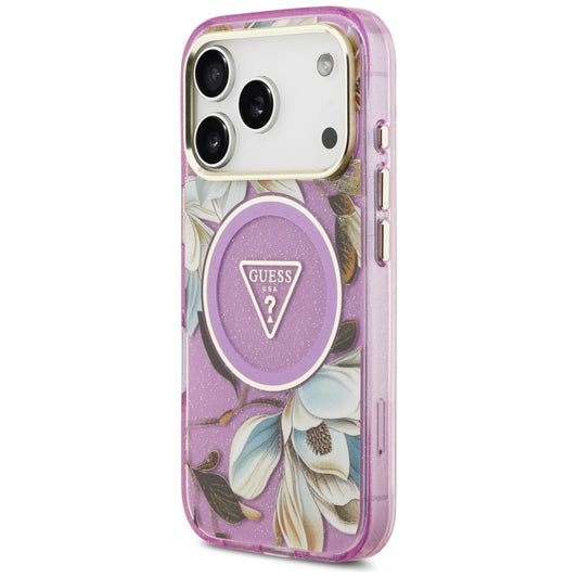 Custodia MagSafe per Apple iPhone 18 Pro / 17 Pro, Guess, IML Metal Glitter Flowers Triangle, Viola
