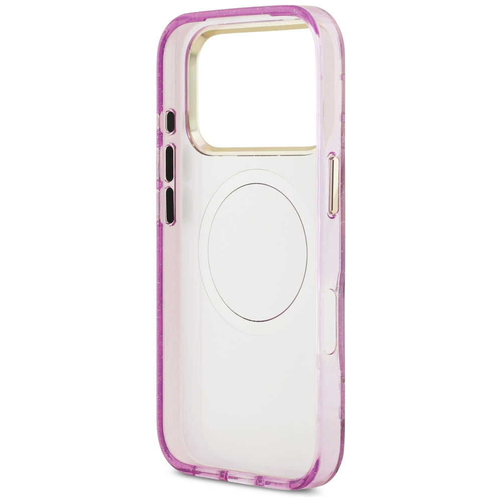 MagSafe-Hülle für Apple iPhone 18 Pro / 17 Pro, Guess, IML Metal Glitter Flowers Triangle, Lila